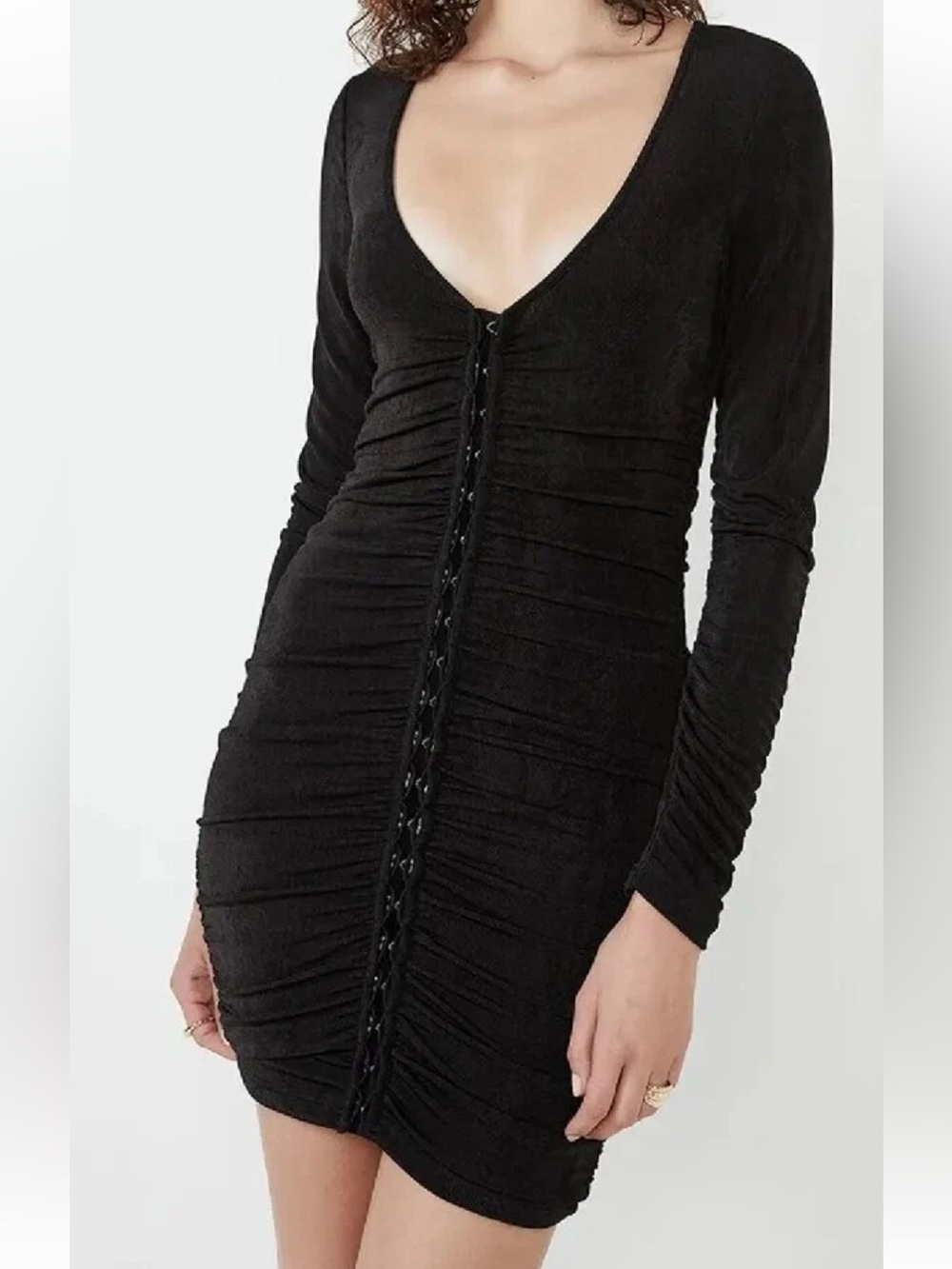 Bardot Black Long-Sleeve Ruched Lace-Up Bodycon Dress